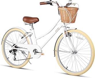 Glerc 24 Inch Beach Cruiser Bike, 6-Speed Hybrid City Bicycle for Girls Youth and Over 6 Years Old, Missy Bike with Wicker Basket & Lightweight, White