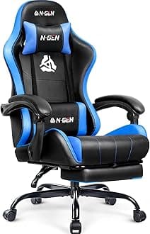 N-GEN GAMING Video Gaming Chair with Footrest Lumbar Support for Home Office High Back Recliner Height Adjustable Ergonomic Comfy Leather Computer Desk Chair (Blue)
