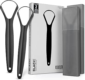 MasterMedi Black Tongue Scraper with Cases (Spoon Shape, 2 Pack), Tongue Scrubber for Bad Breath Treatment, Easy to Use Tongue Scraper for Adults, Tongue Cleaner for Oral Care