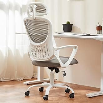 Sweetcrispy Office Computer Desk Chair, Ergonomic High-Back Mesh Rolling Work Chairs with Wheels and Adjustable Headrests, Comfortable Lumbar Support, Comfy Armrest for Home, Bedroom, Study, Grey