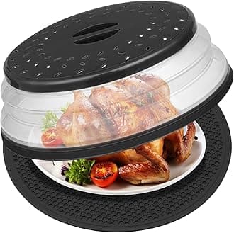12" Microwave food Cover & Mat,Large Vented Collapsible Splatter Guard dish Plate lid & Silicone Round Kitchen mat