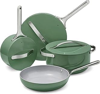 Caraway Nonstick Ceramic Cookware Set (12 Piece) Pots, Pans, Lids and Kitchen Storage - Non Toxic, PTFE & PFOA Free - Oven Safe & Compatible with All Stovetops (Gas, Electric & Induction) - Sage