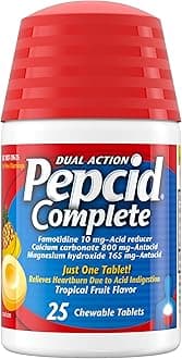 Pepcid Complete Acid Reducer + Antacid Chewables, 10mg Famotidine, 800mg Calcium Carbonate & 165mg Magnesium Hydroxide per Heartburn Medicine Tablet, Antacid Chews, Tropical Fruit, 25 ct