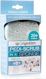 Spongeables Pedi Scrub Foot Buffer, Soap is in Sponge, Contains Tea Tree Oil, Foot Exfoliating Sponge with Heel Pads and Pedicure Oil, Over 20 Washes, Fresh Linen Scent, 50ml (1 Pack)