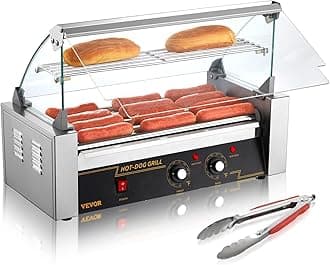 Hot Dog Roller 5 Rollers 12 Hot Dogs Capacity, 750W Stainless Sausage Grill Cooker Machine with Dual Temp Control Glass Hood Acrylic Cover Bun Warmer Shelf Removable Oil Drip Tray ETL Certified