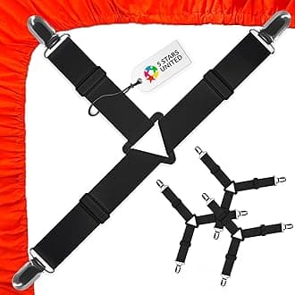 5 STARS UNITED Bed Sheet Straps Set | Easy to Use Adjustable Elastic Fasteners with Metal Clips | Sheet Holders for Corners | Fitted Sheet Clips to Hold Sheets in Place | (4 Pcs Black)