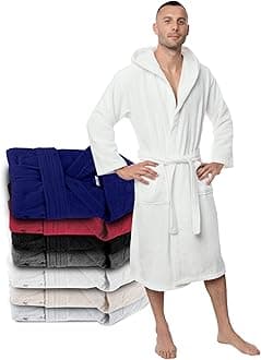 Men's Bathrobe, Dressing Gown 100% Cotton (350 g/m²) Oeko-Tex® Certified, Bathrobe with Hood, 2 Pockets, Belt