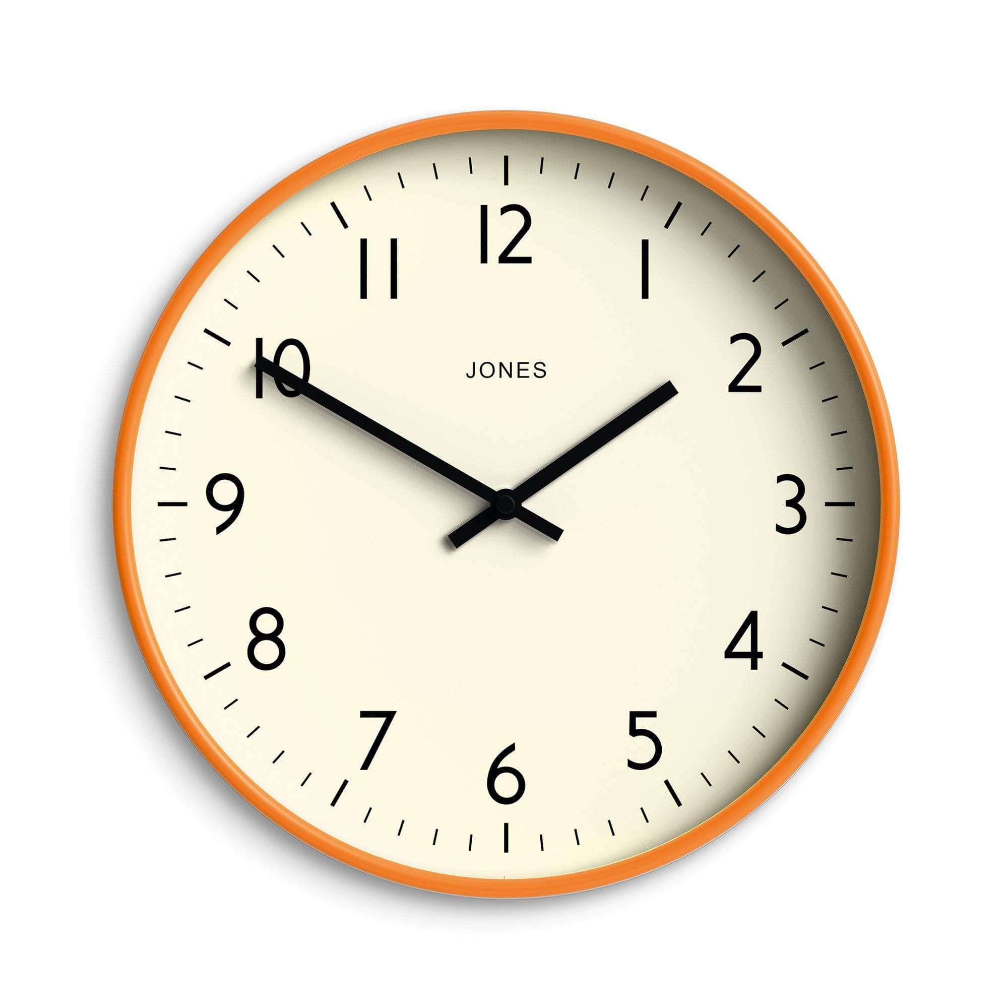 JONES CLOCKS® Studio Round Wall Clock - Round Clock - Modern Clock - Designer Clock - Kitchen Clock - Living Room Clock - Office Clock - Easy to Read Dial - Contemporary Design (Orange)