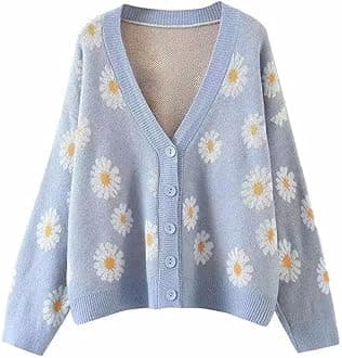 HyipelsWomen's Long Sleeve Cardigan Sweater,Cute Y2K Top Knit Colorful Patterned V Neck Button Outwear S~XL
