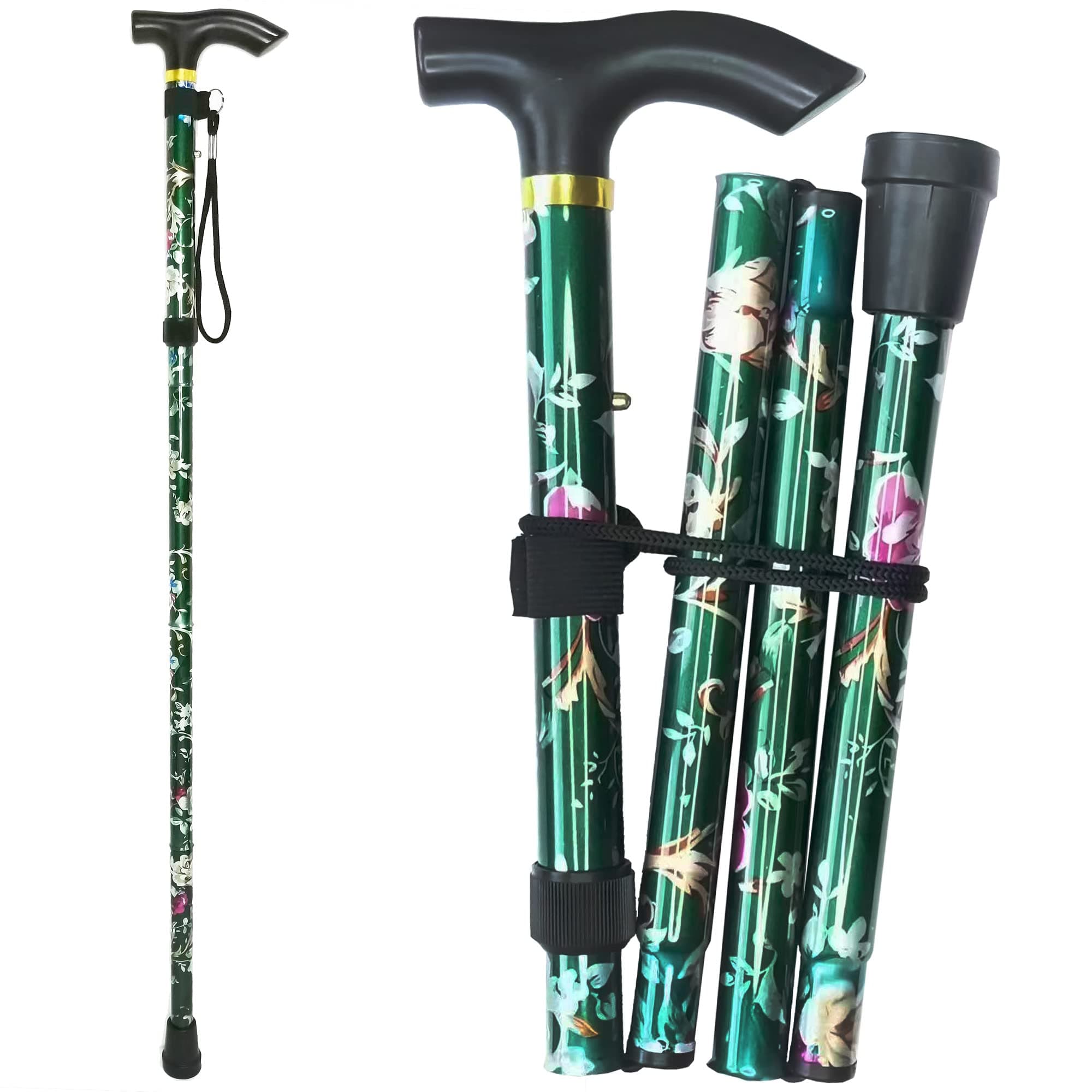 Folding Cane, 5-Level Adjustable Height Lightweight Portable Foldable Walking Canes with Wrist Strap and T Handle for Men Women Seniors