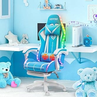 HOFFREE RGB Gaming Chair with Speakers Massage Computer Gaming Chair with LED Lights and Footrest High Back Video Game Chair for Adults Light Blue and White