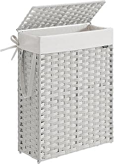 Slim Laundry Basket, 55L Synthetic Rattan Storage Basket with Lid and Handles, Wicker, Foldable, Removable Liners, for Blankets, Clothes, Laundry Room, Cloud White LCB164W01