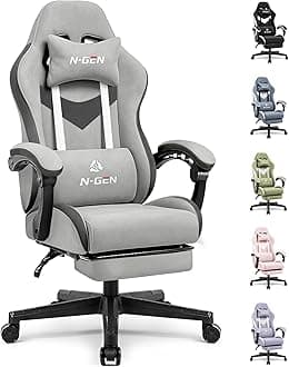 N-GEN GAMING Video Gaming Chair Office Computer Desk Use Ergonomic Reclining Backrest Adjustable Armrests Lumbar Support Footrest High Density Foam Breathable Fabric Heavy Duty Base (Grey)