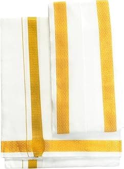 Men's 100% Pure Cotton White With Gold Jari Lungi in Size 2 Mtrs Single Lungi- Pack Of 1