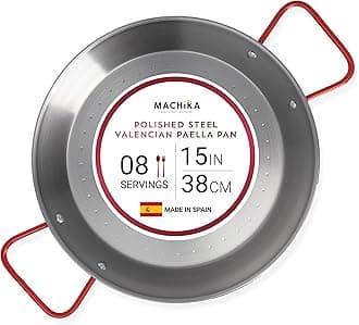 Machika Carbon Steel Pan, Premium Paella Pan for Perfect Socarrat, Versatile Carbon Steel Skillet for Indoor/Outdoor Cooking, Convex Bottom Design, 15 inches/8 Servings