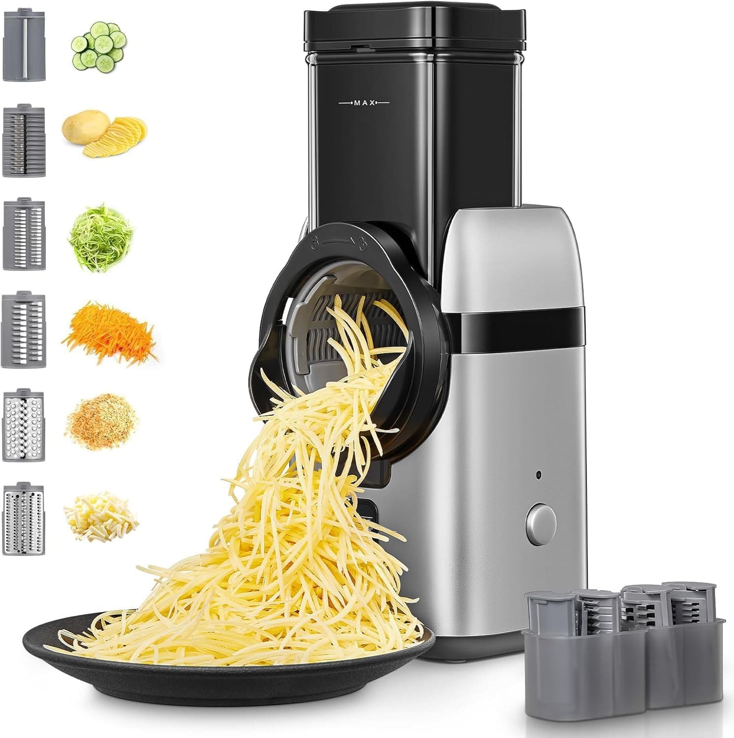 Electric Cheese Grater, Upgraded 6-IN-1 Large Feed Chute Electric Vegetable Slicer with Different Blades and Storage Box, Cheese Shredder, Electric Slicer for Cheese, Fruits, Vegetables