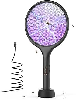 Electric Fly Swatter 4000V Bug Fly Zapper Racket Mosquito Killer 1500 mAh 3 Layers Mesh with USB C Cable Stand Base for Indoor Outdoor