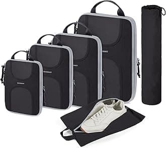 bagsmartCompression Packing Cubes for Travel, 6 Set Packing Cubes for Suitcases, Lightweight Suitcases Organizers Bag Set & Compression Travel Cubes, Travel Essentials Packing Organizers Black