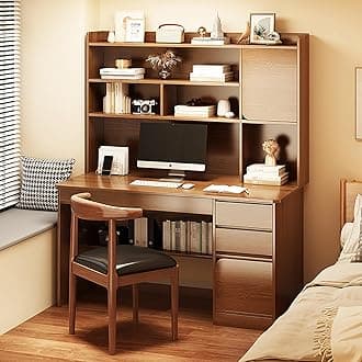 HM&DX Home Office Computer Desk with Hutch,Wood Writing Desk Study Desk with Drawers,Modern Furniture Wooden Desk with Open Storage Cubby,Study Table Computer Desk Makeup Workstation