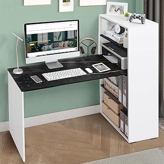 ABOUT SPACE Study Table with 4 Tier Book Shelf - Computer Table with Storage for PC, Laptop & Writing DIY Engineered Wood Office Table for Home [White & Black Marble L 120 x B 53 x H 124.5 cm