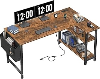 L Shaped Computer Desk with Power Outlet Shelves, 47 Inch Corner Desk for Home Office Bedroom, L-Shaped Study Writing Working PC Desks, Rustic Brown