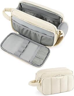 BAGSMART Makeup Bag, Travel Makeup Bag Organizer, Travel Toiletry Bag for Women, Puffy Make Up Bag Cosmetic Bag for Travel Essentials Travel-Size Toiletries Accessories Bottles, Brushes (Beige)