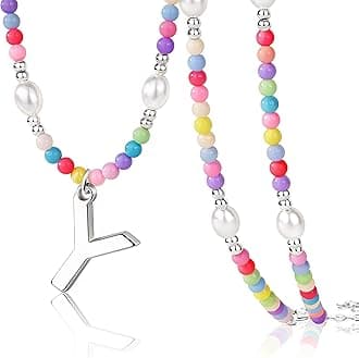 Easter Basket Stuffers for Teen Girls Kids Women, Initial Necklace for Little Girrs Bulk, Toddler Colorful Beaded Pearl Choker with Letter Pendant, Cute Personalized Jewelry Gift for Easter, Party, Birthday