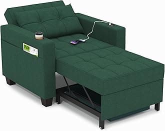 - DURASPACE 36.6 Inch Sleeper Chair 3-in-1 Convertible Chair Bed Pull Out Sleeper Chair Beds Adjustable Single Armchair Sofa Bed with USB Ports, Side Pocket, Cup Holder (Forest Green Linen)