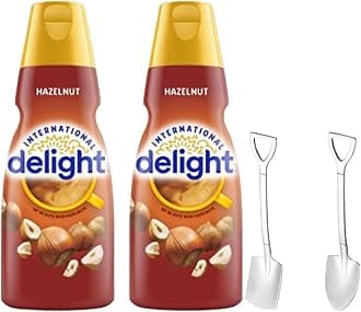 International-Delight Liquid Coffee Creamer.- Two (2) 32 fl oz Bottles of Creamy Smooth Delightful Coffee Creamer and Mini Metal Spoons (Hazelnut) Shovel Spoons
