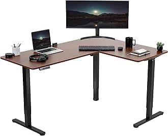 Corner Standing Desk, 63 x 47 inch Reversible L-Shaped Workstation, Electric Height Adjustment, Home, Office, and Reception Rooms, Dark Walnut Table Top Black Frame, DESK-E3CTD-47