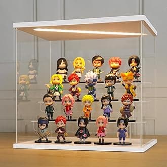 LANSCOERY LED Lighted Acrylic Display Case, 4 Tier Display Box for Collectibles and Action Figures, Clear Dustproof Organizer with White Base – 11.8x8.9x11inch