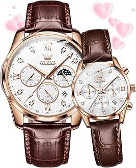 OLEVS Valentines Couple Pair Quartz Watches His and Her Couple Set Leather Chronograph Diamond Wrist Watch Men Women Lovers Wedding Romantic Gifts Set of 2