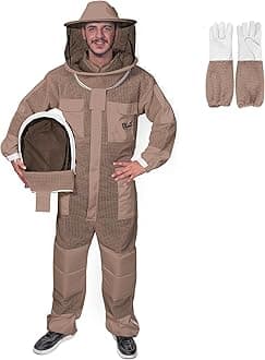 3-Layer Ultra Ventilated Bee Suit for Men & Women – Premium Beekeeping Suit with Bee Gloves & Two Detachable Beekeeping Veils (Brown 4XL)
