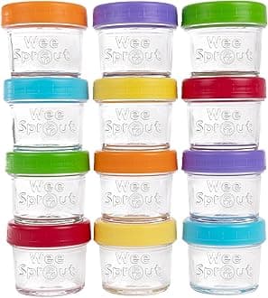 WeeSprout Glass Baby Food Storage Jars w/Lids (4 oz, 12 Pack Set) Snack, Puree, Reusable Small Containers, Breast Milk, Fridge or Freezer, Microwave & Dishwasher Safe, Essential Must Have for Infants