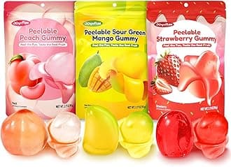 Peelable Gummy Candy Intense Mango Peach Stawberry Mix Flavor Fruit Chewy Gummy Snack Low Sugar & Calorie,0 Fat Individual Soft & Chewy Candy Snacks (Pack of 3, 3.17OZ, Mixed-Fruit)