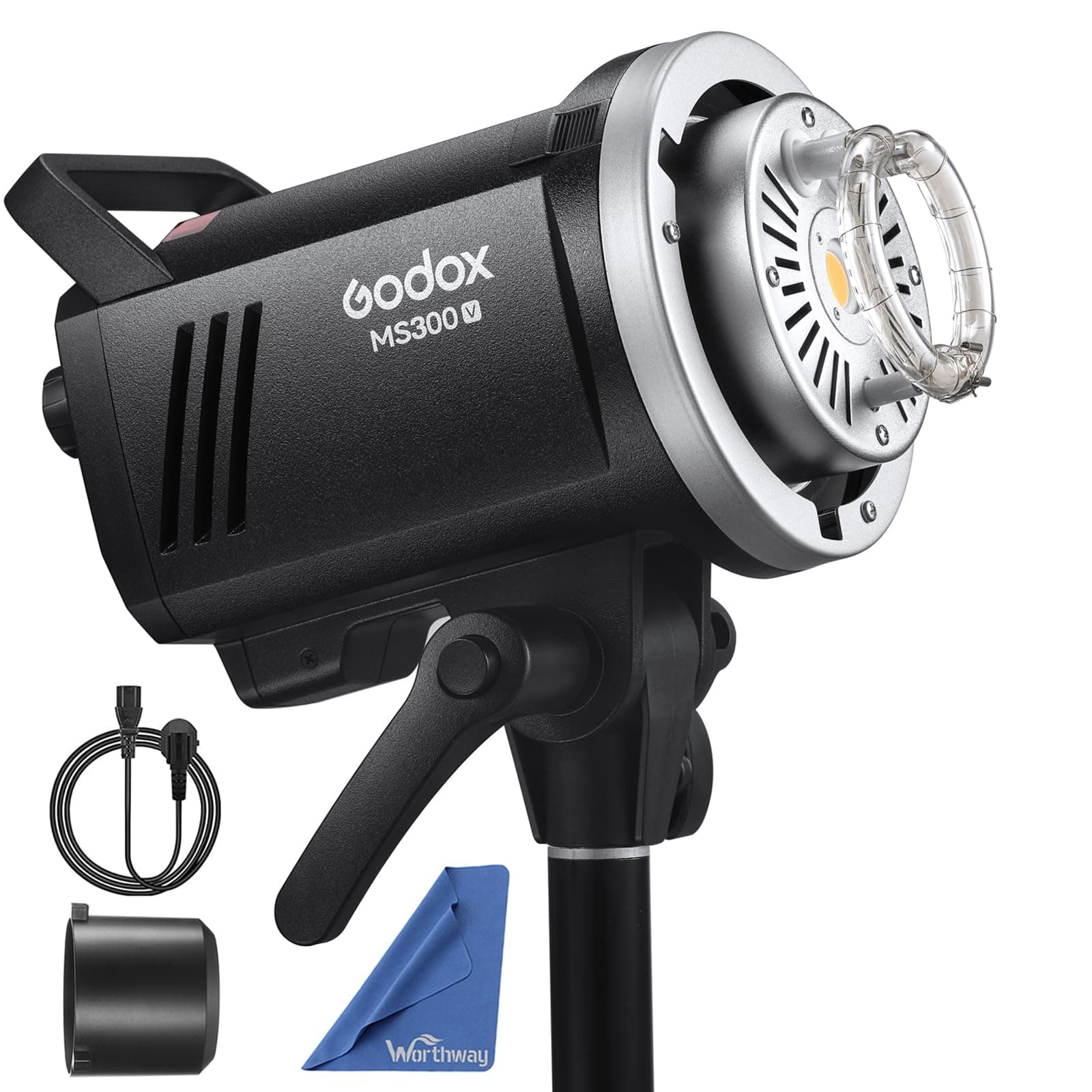Godox MS300V Super-Compact Studio Strobe Flash with LED Modelling Lamp - 300Ws, 5800K, 0.1-1.3s Recycle Times, Bowens S-Type Fitting, Control Methods: Sync Cord, Test Button, Wireless Control Port