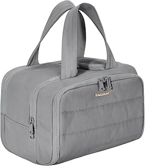 Travel Toiletry Bag, Lightweight Large Wide-open Travel Bag for Women, Puffy Cosmetic Makeup Bag Organizer with Handle for Accessories,Essentials, Toiletries, Grey