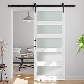 38in x 84in 5-Panel Sliding Glass Barn Door with 6.6ft Hardware Kit Included, Easy Assembly with Pre-Drilled Holes, Waterproof, Frosted Glass for Bathroom-Fit Max Opening 36in x 82in, White