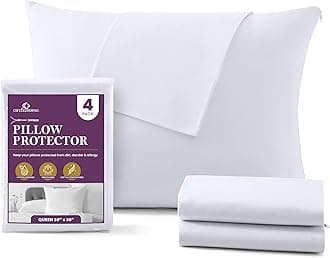 Mastertex Pillow Protector 100% Cotton Zippered Style - Breathable/Quiet - 4 Pack White Pillow Cover (Queen - Set of 4)