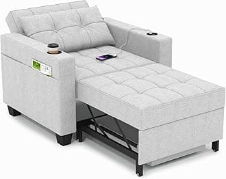 36.6 Inch Sleeper Chair 3-in-1 Convertible Chair Bed Pull Out Sleeper Sofa Beds Adjustable Single Armchair Sofa Bed with USB Ports, Side Pocket, Cup Holder (Light Gray Linen)