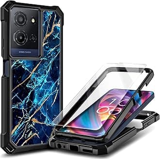 Compatible with TCL K32 5G & K33 5G Phone Case Marble Sapphire | Full-Body Protective Shockproof Rugged Bumper Cover with Screen Protector, Raised Corners Drop Protection