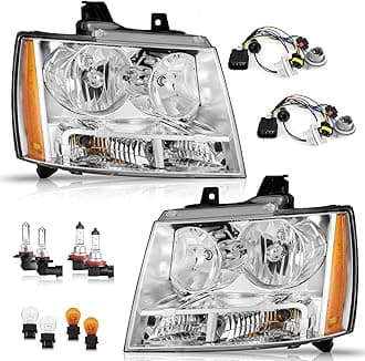 WEELMOTO Headlight for 2007-2013 Avalancha/Suburban 2500, 2008-2013 Tahoe Hybrid, 07-14 Tahoe 1500, 2012-2014 Tahoe SSV Headlamp Chrome Housing Clear Left+Right Side