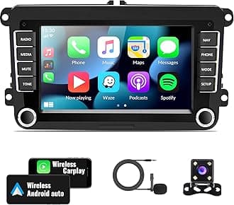 2G+64G Android Car Stereo for VW Volkswagen Seat Golf Passat Jetta Beetle Tiguan Touran EOS 7” Double Din Touchscreen Bluetooth Radio with CarPlay Android Auto GPS Navigation WiFi FM Backup Camera MIC