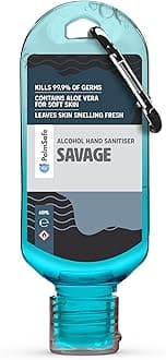 Palm Safe Savage 60ml Anti Bacterial Premium Hand Sanitiser Travel Size Refillable Clip Bottle Quick Drying Non Sticky Extra Moisturising Kills 99.9% of Viruses and Bacteria