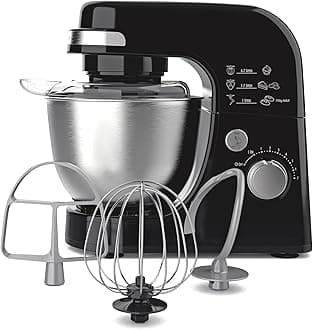 Electric Stand Mixer, 4 Quart Stainless Bowl, 7 Speeds, Tilt-Head, Dough Hook, Whisk and Flat Beater, Splash Guard, 300 Watts, Black (63390)