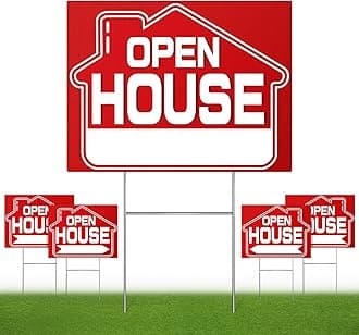 Open House Signs (5 Pack), 16" x 12" Double-Sided Yard Signs with Metal H Stakes，Open House Real Estate Signs, Property Sale Directional Arrows Signs,WEATHER-PROOF ((5 Pack))