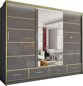 Sudenia High Gloss 2 & 3 Sliding Doors Wardrobe with Mirror, Drawers Cabinet with Storage Cabinets Hanging Rails Art Decor Closet in White, Black and Grey (Grey, 253cm)