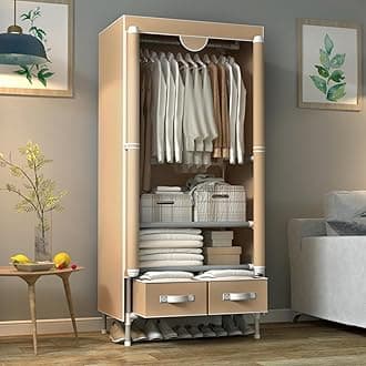 Portable Canvas Wardrobe with 2 Drawers, Portable Wardrobe with Hanging Rail and Shelves, 75 x 45 x 170 cm, Wardrobe for Bedroom, Light Coffee