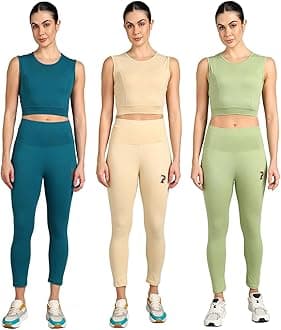 Stretchable Activewear Sleeveless Crop Top with Long Pants with Back Pocket for Workout Top & Bottom Set Gym Yoga Sports Running Track Suits For Girls/Women - Pack of 3