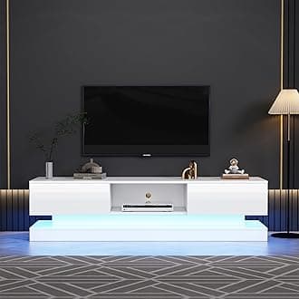 BTM TV Cabinet, TV Stand Cabinet with 2 Drawers & 1 Open Storage Space, White High Gloss TV Unit with 16-Colour LED Lights, TV Unit for 70-79 inch TV, 160x35x40.5cm
